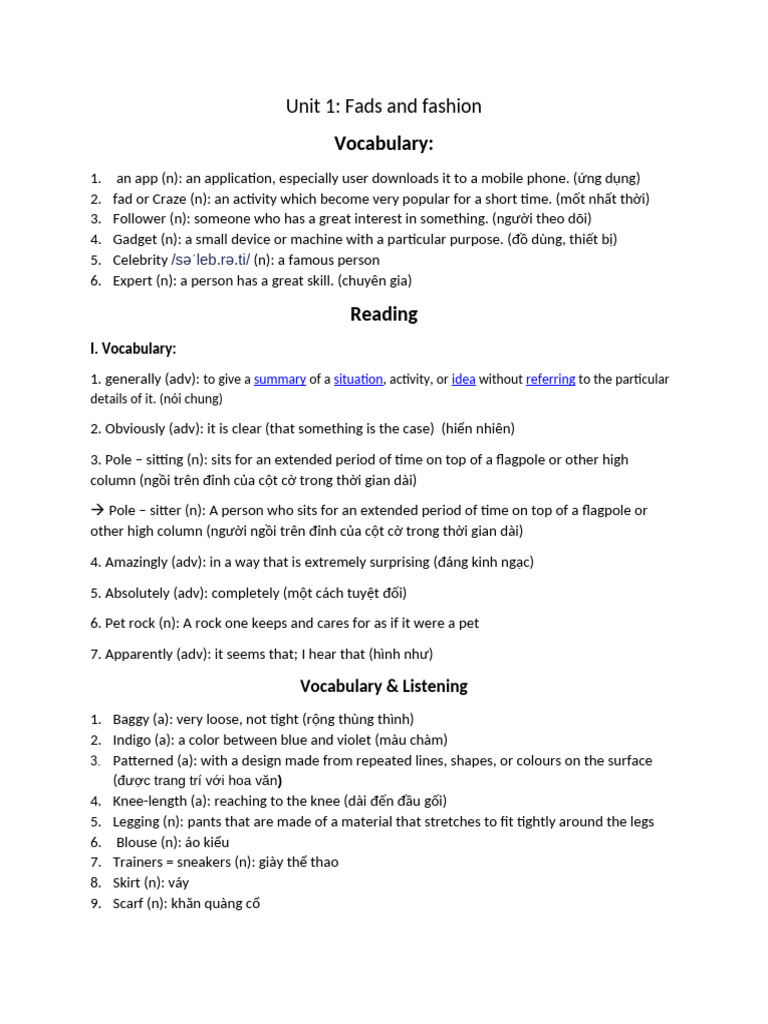 Unit 1 - Fads and Fashions | PDF