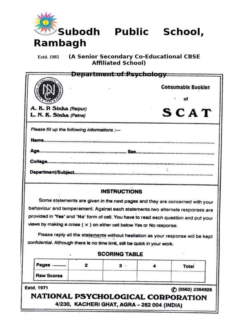 SCAT Questionnaire & Response Sheet | PDF