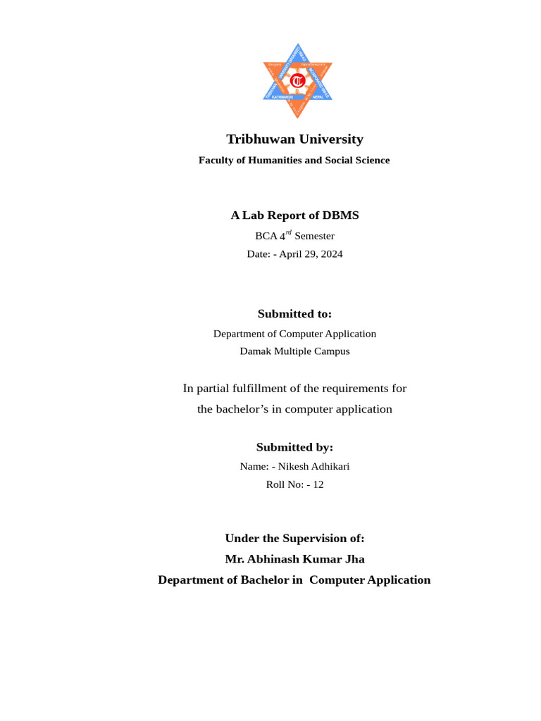 DBMS Lab Report Front (Nikesh) | PDF