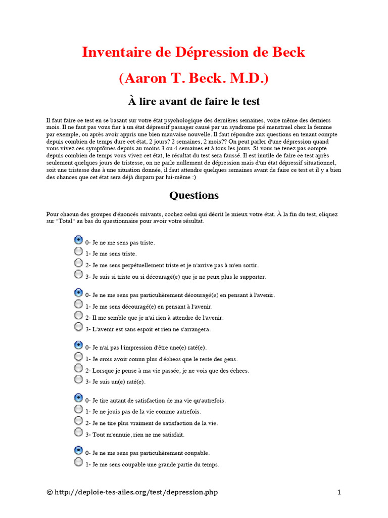 Inventaire de Depression de Beck - Test (4 Pages - 90 Ko) | PDF