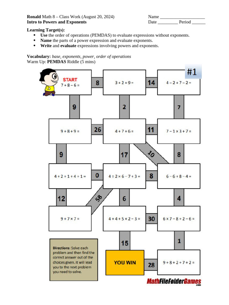 Math 8 CW #1 Powers and Exponents | PDF