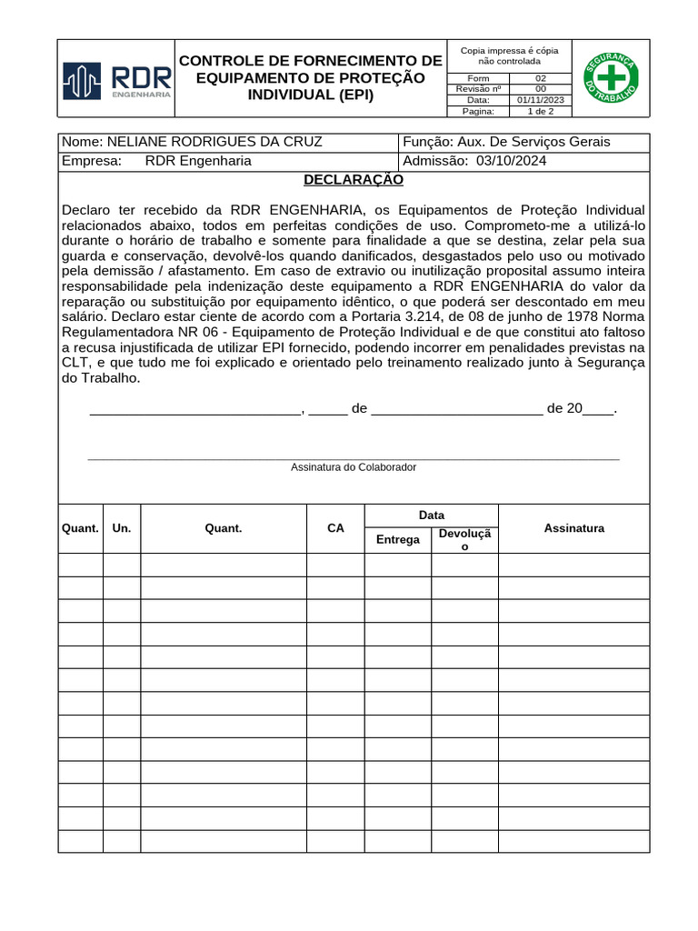 DG - FORM - 02 - Ficha de EPI Rev. 00 | PDF