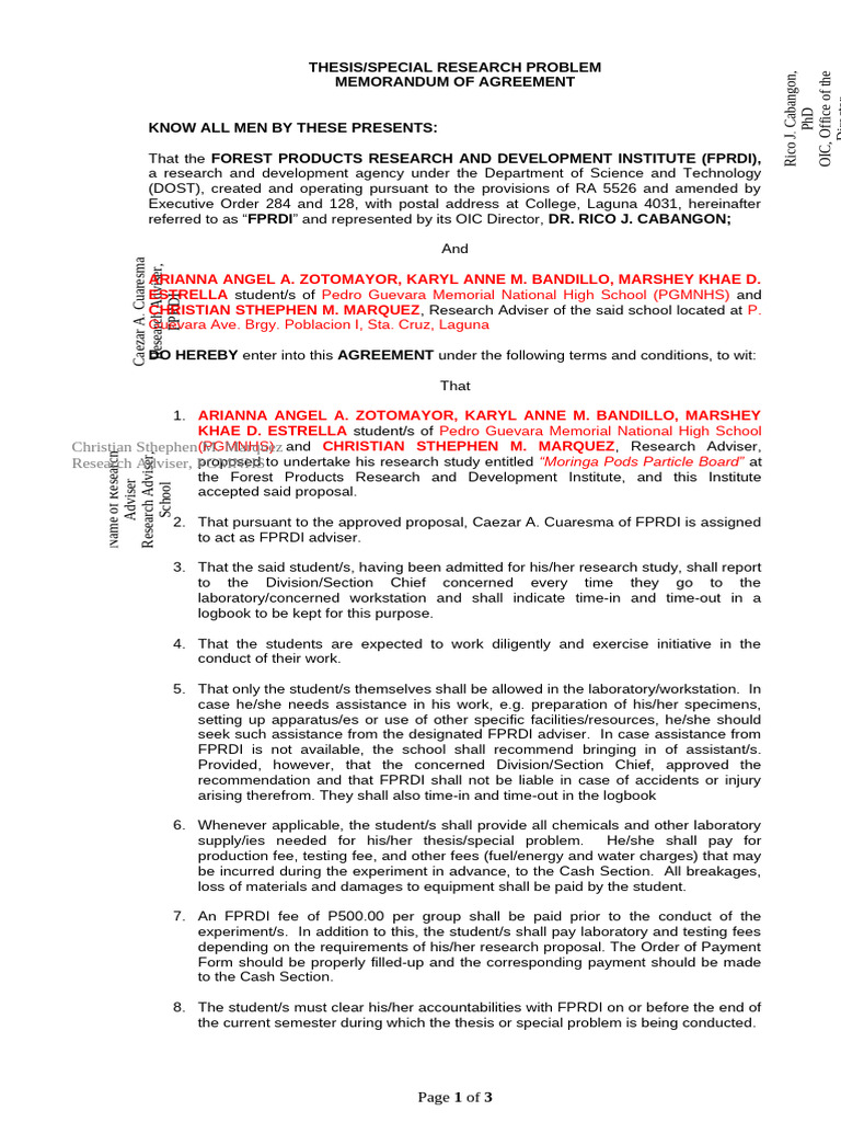 MOA - Thesis Research Agreement - FPRDI - Rev RPapa 031224 1 1 | PDF