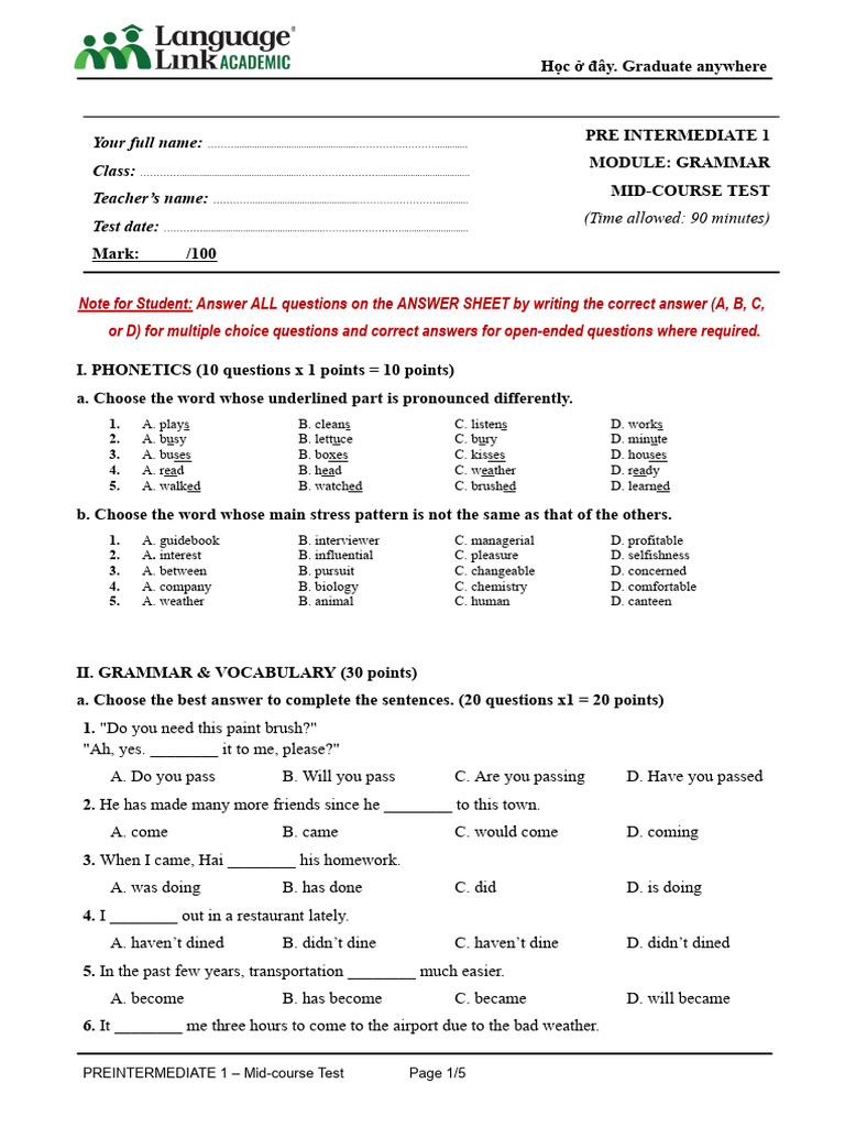 PI1 - Mid-Course Test | PDF