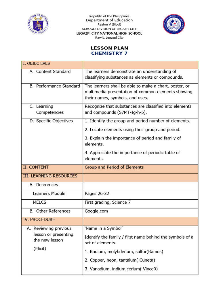 Chemistry 7 Lesson Plan: Elements & Compounds | PDF | Periodic Table ...