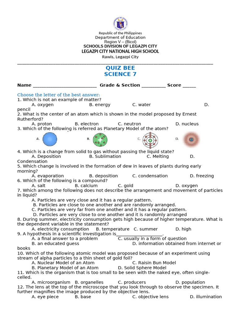 Science 7-Quiz Bee | PDF