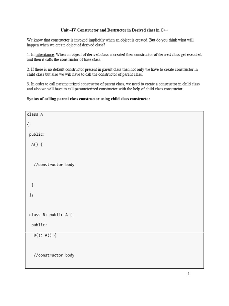 Constructor and Destructor in Derived Class in C++ | PDF