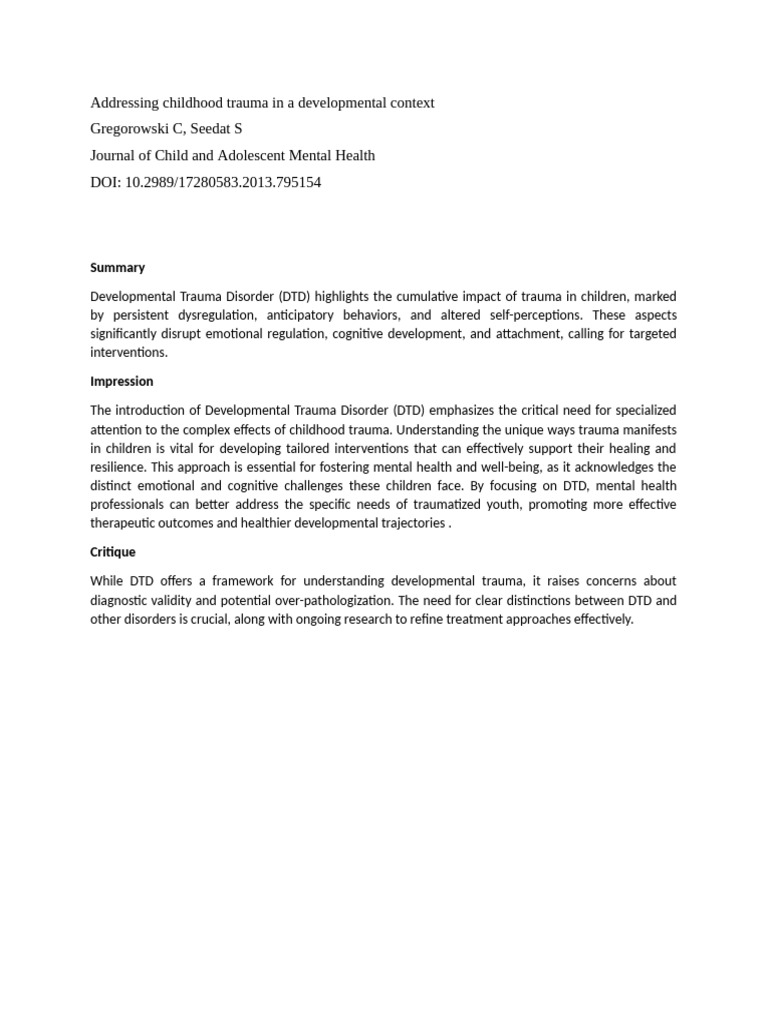 Addressing childhood trauma in a developmental context | PDF