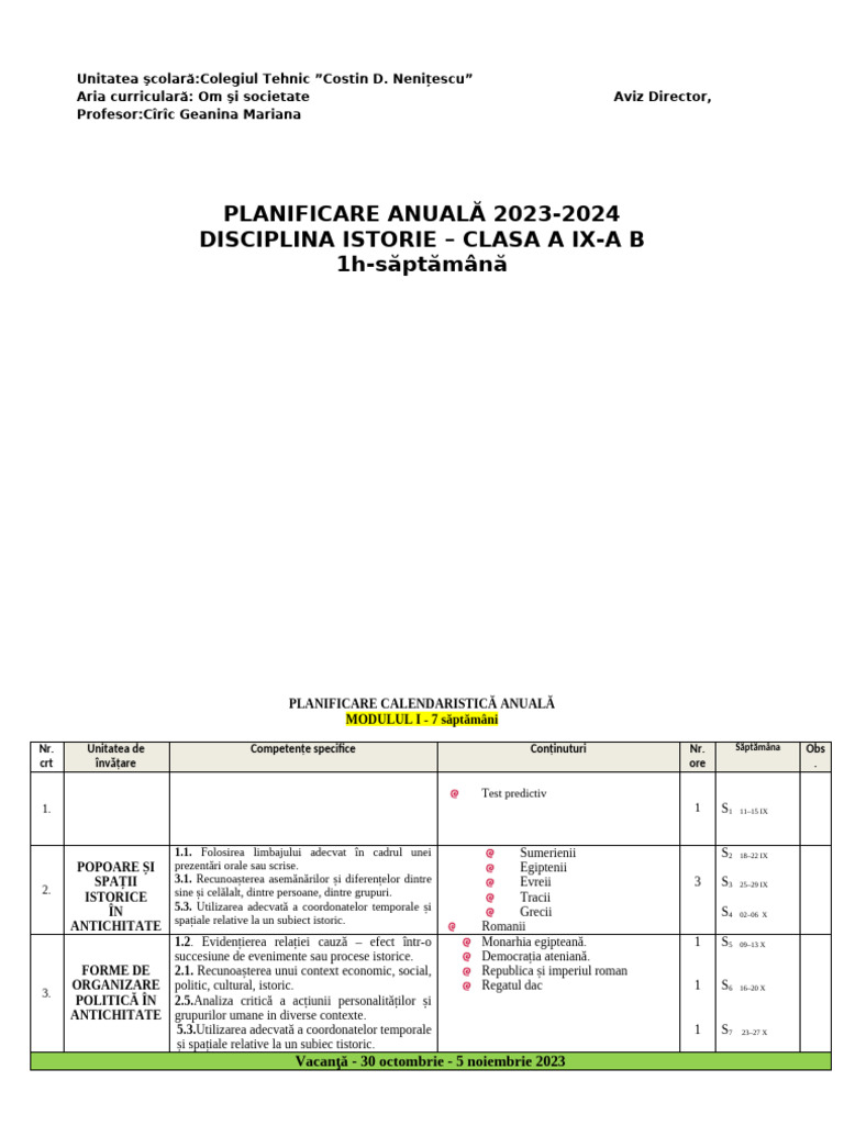 Planificare Calendaristica Clasa IX A 1 H 2 | PDF