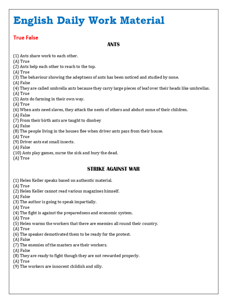 12 SL - Daily Work Material - 075519 | PDF | Ant | Foreign Language Studies