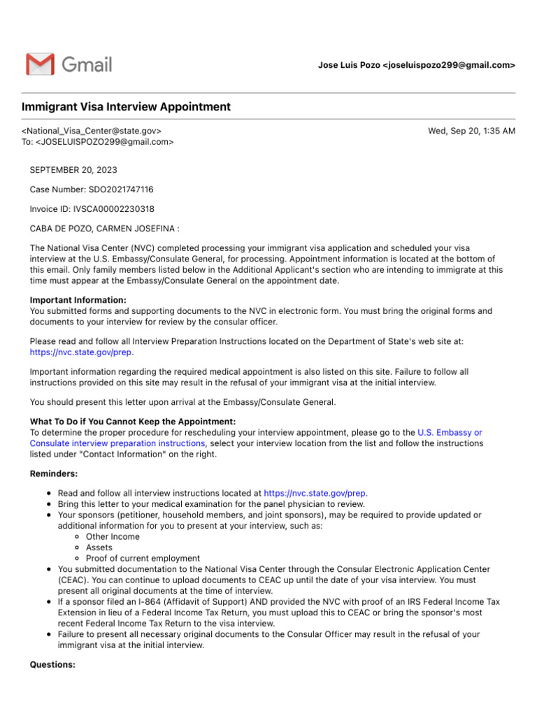 Immigrant Visa Interview Appointment Pdf