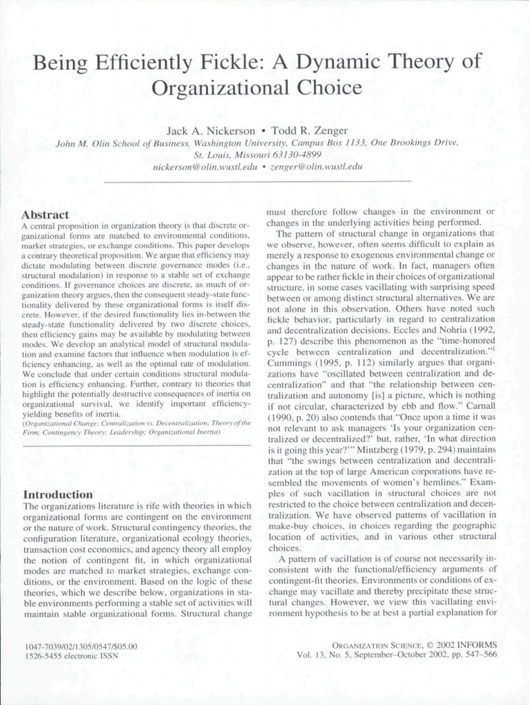 Being Efficiently Fickle A Dynamic Theory of Organizational Choice | PDF