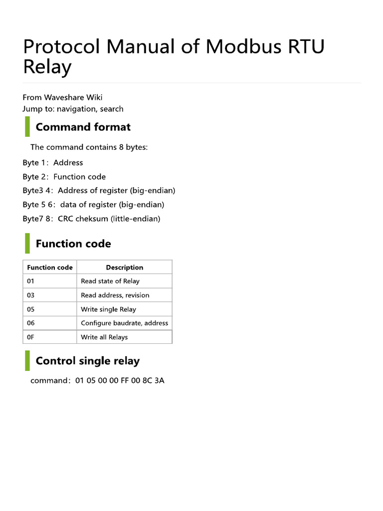 Protocol Manual of Modbus RTU Relay - Waveshare Wiki | PDF