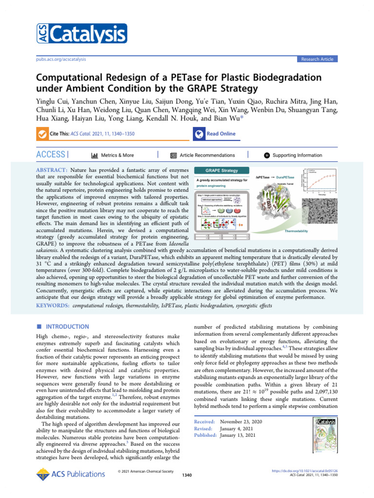 Cui Et Al 2021 Computational Redesign of A Petase For Plastic ...