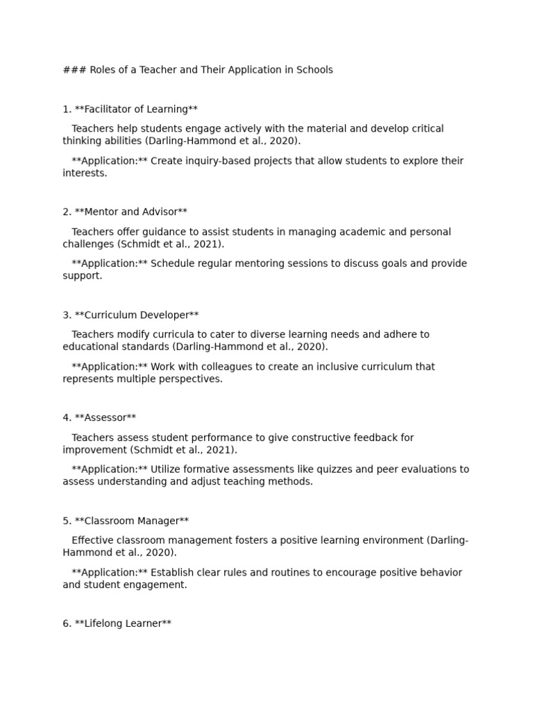 Roles of A Teacher and Their Application in Schools | PDF