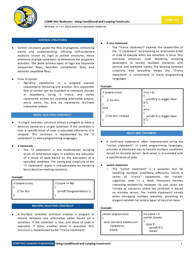 COMP 002 - Reviewer - Using Conditional and Looping Constructs | PDF