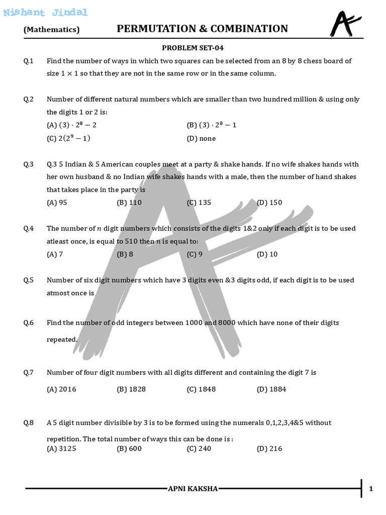 DPP 04 Problem Set 04 Permutation & Combination NJ 247-Unlocked | PDF