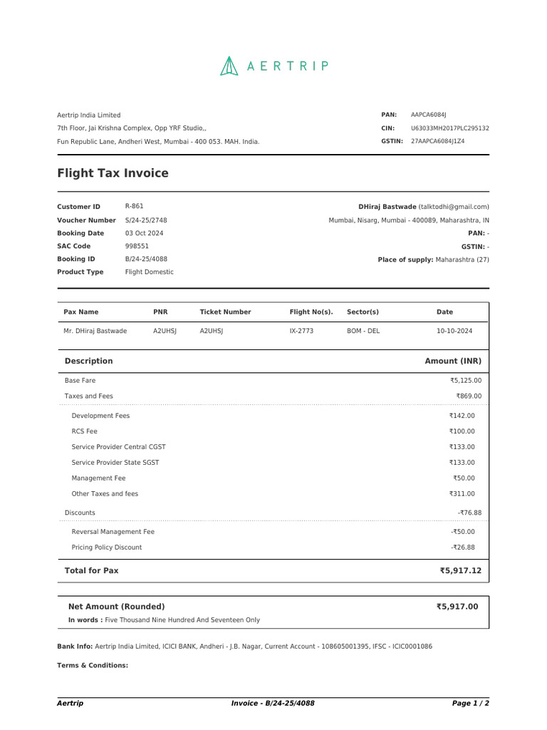 Aertrip Flight Invoice B/24-25/4088 | PDF | Invoice | Value Added Tax