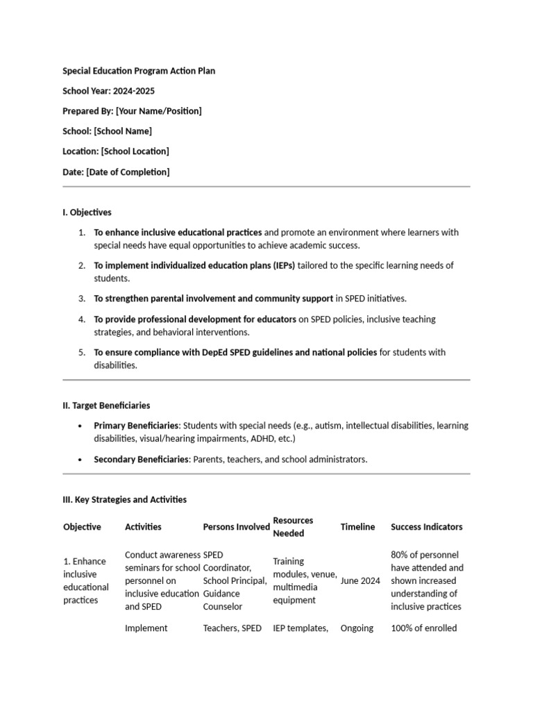 Special Education Action Plan 2024-2025 | PDF | Special Education ...