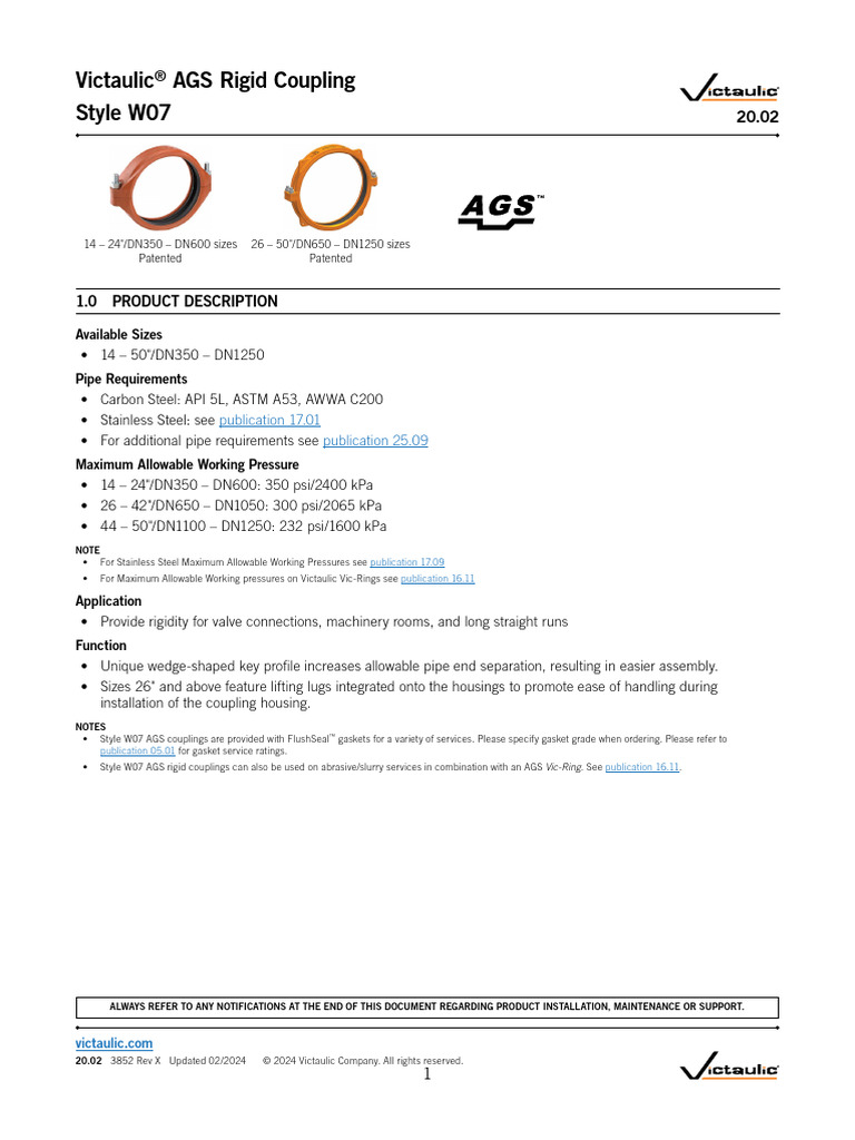 Victaulic® AGS Rigid Coupling Style W07 | PDF