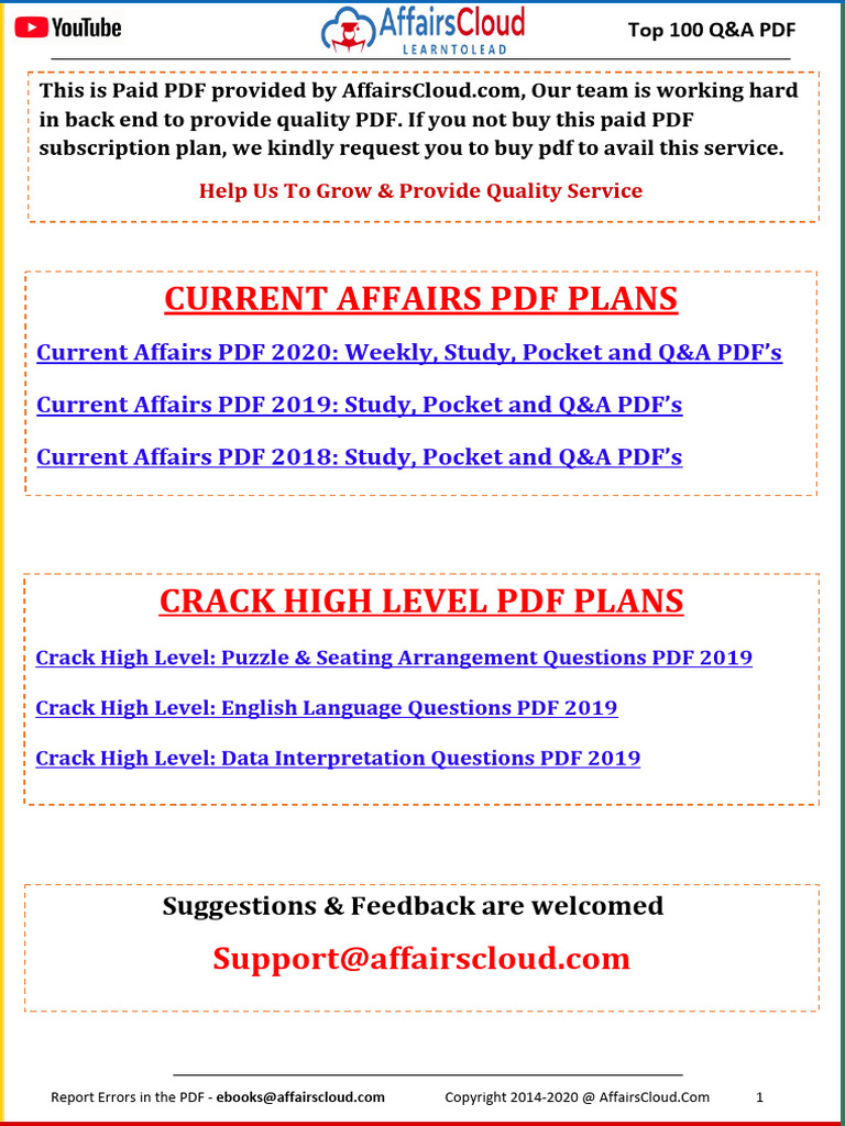 Current Affairs Q&A PDF Top 100 - June 2020 by AffairsCloud | PDF