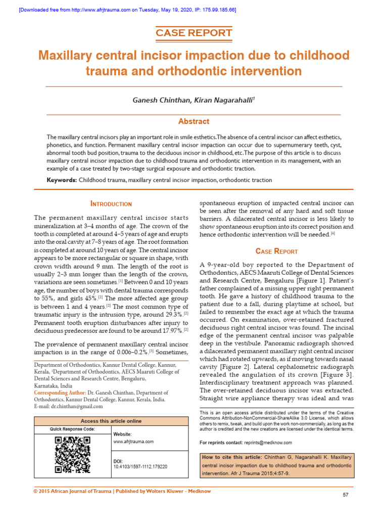 Maxillary central incisor impaction due to trauma or orthodontic ...