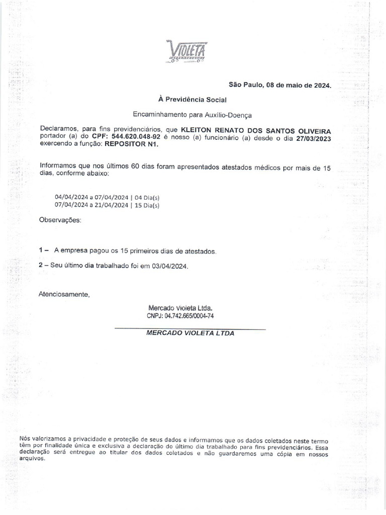 Encaminhamento Inss - Kleiton | PDF