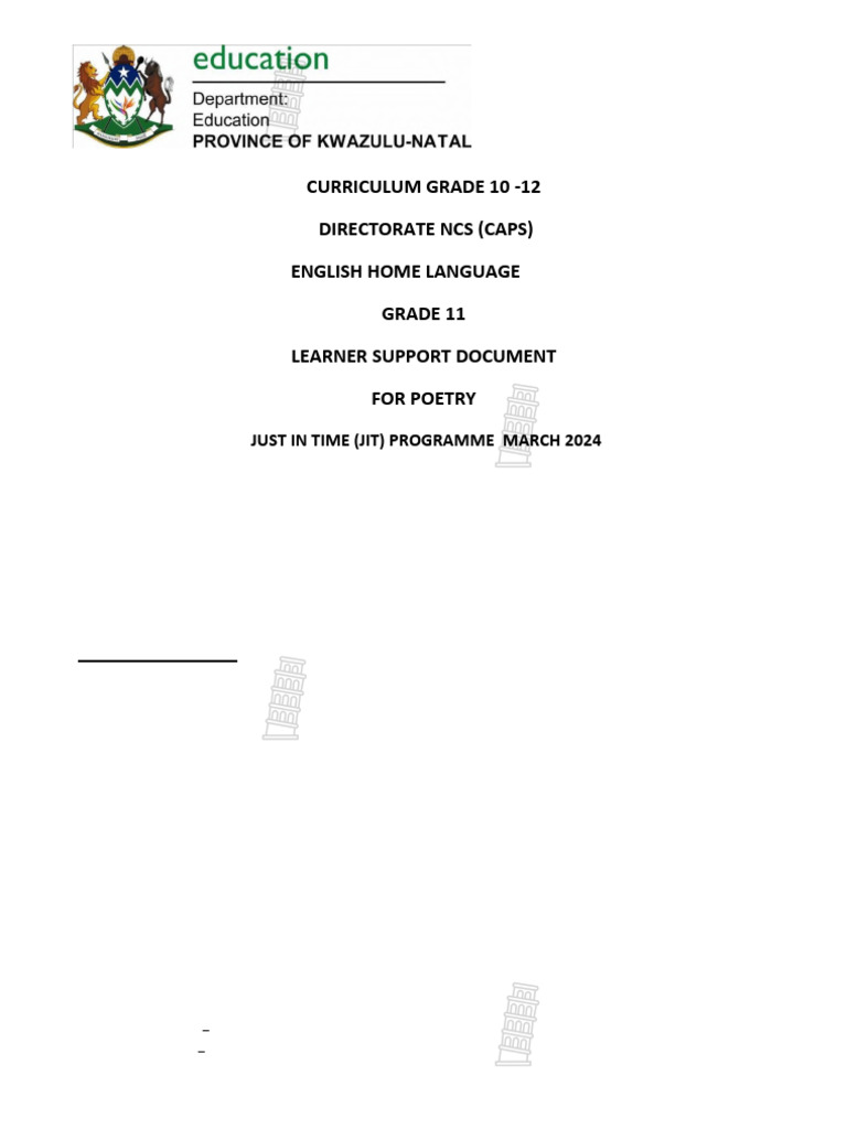 KZN Jit English HL Grade 11 Poetry Learner Guide 2024 | PDF