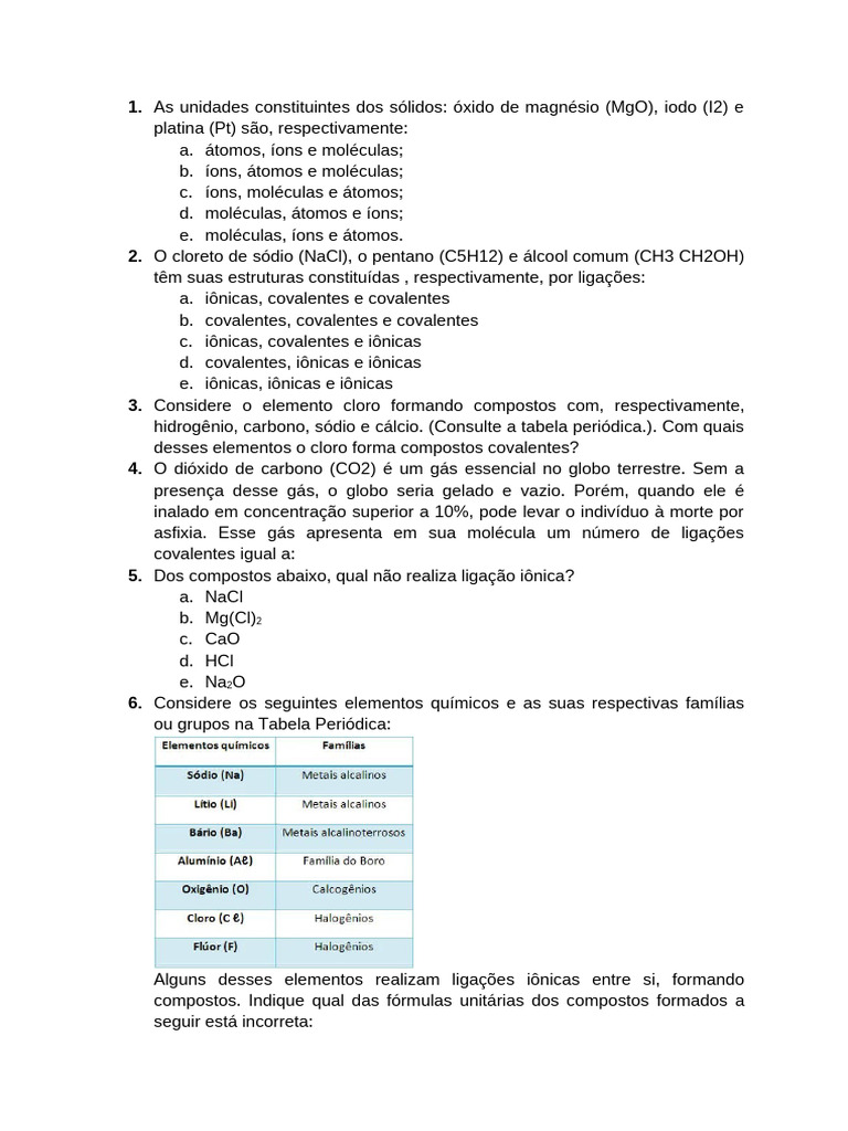 Ligacoes Quimicas Lista 2 Pdf