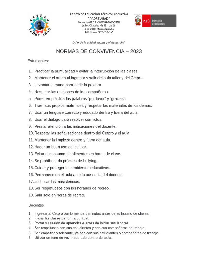 Normas de Convivencia 2023 Cetpro Padre Abad | PDF
