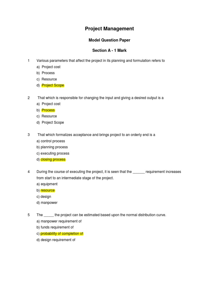 Project Management Model Question Paper | PDF | Business | Computers