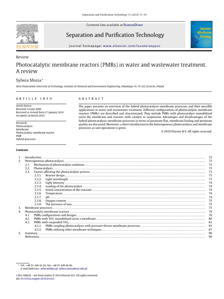 Photocatalytic Membrane Reactors (PMRS) in Water and Wastewater ...