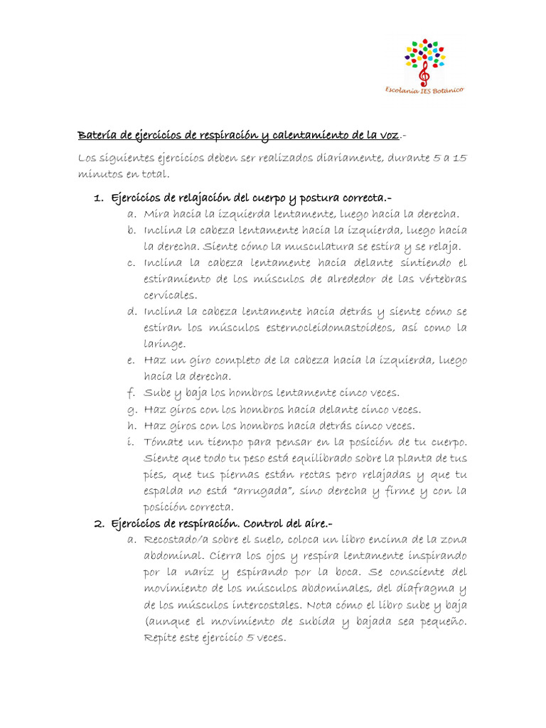 Batería de Ejercicios de Respiración y Calentamiento de La Voz | PDF