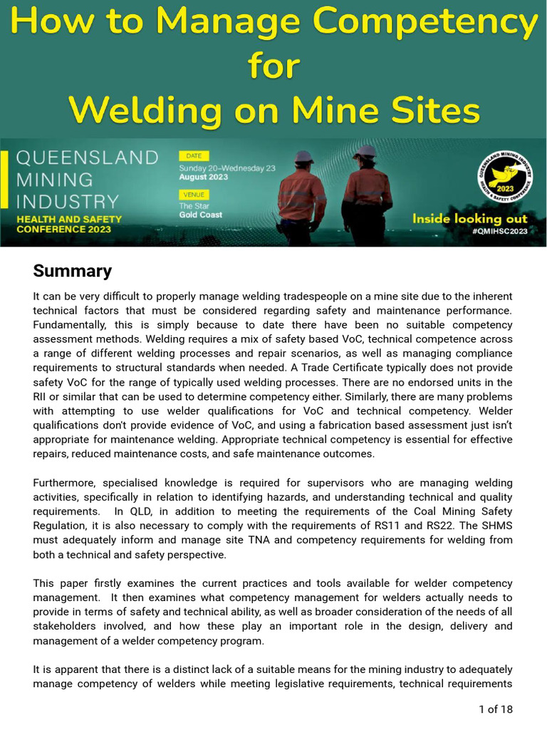 How To Manage Competency For Welding On Mine Sites | PDF