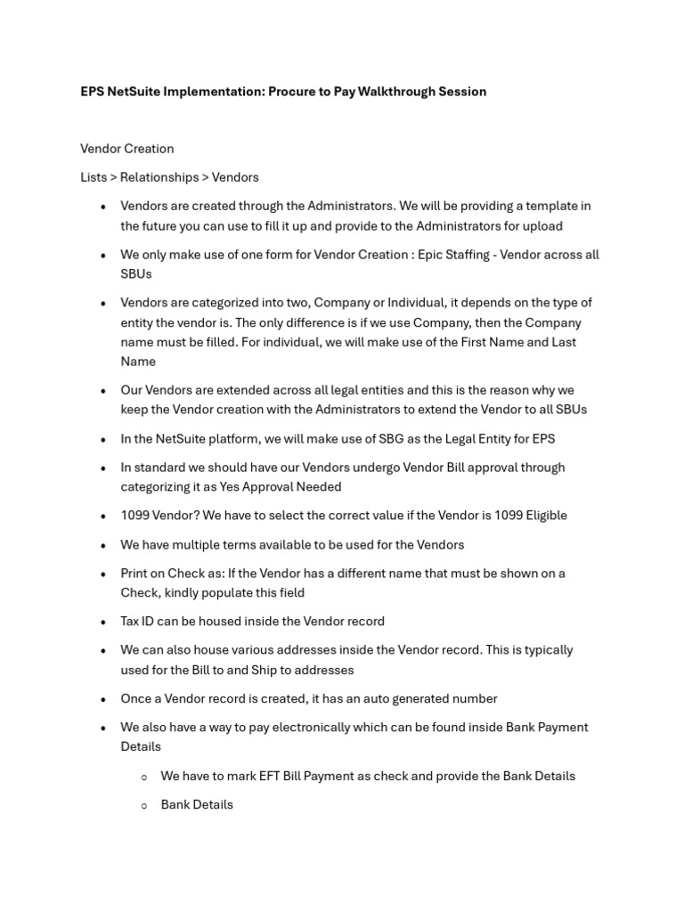 EPS NetSuite Implementation Procure To Pay Walkthrough Session | PDF