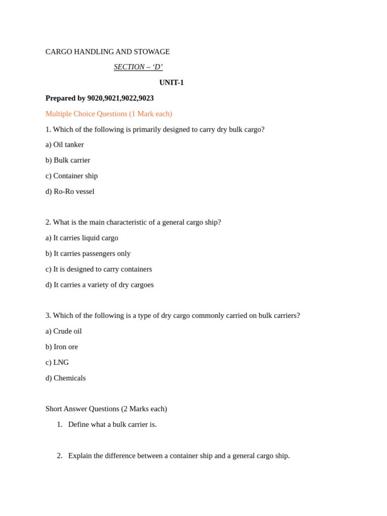 Cargo Handling Question Paper | PDF | Cargo | Business