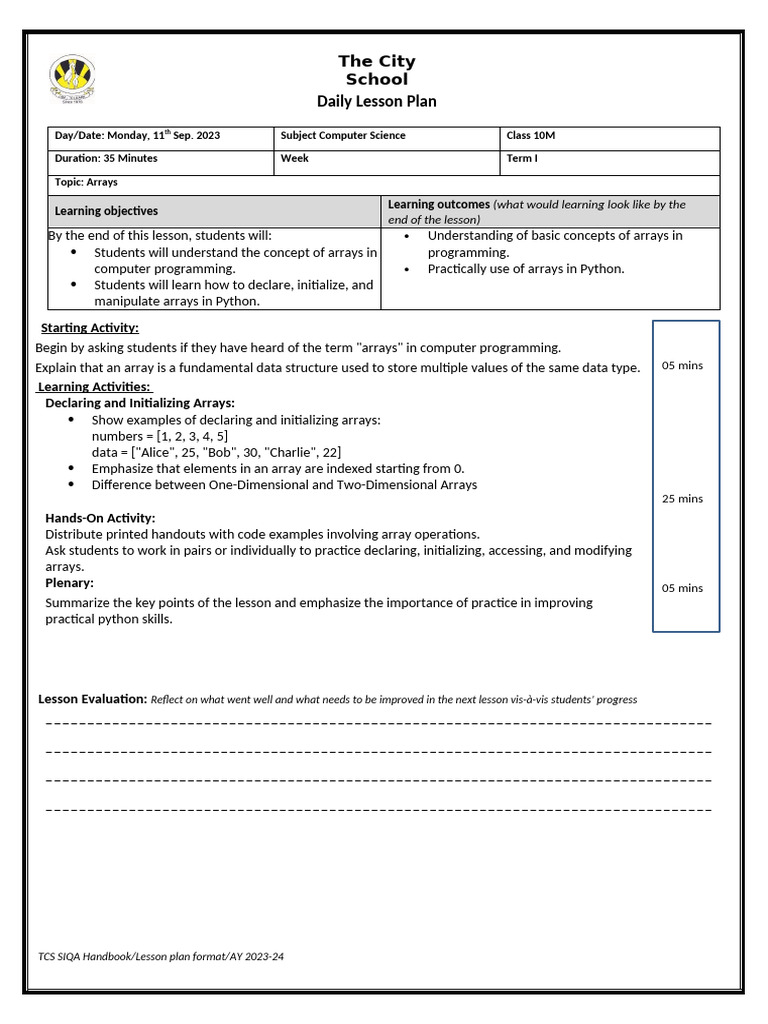 Lesson Plan 11C - Computer Science | PDF