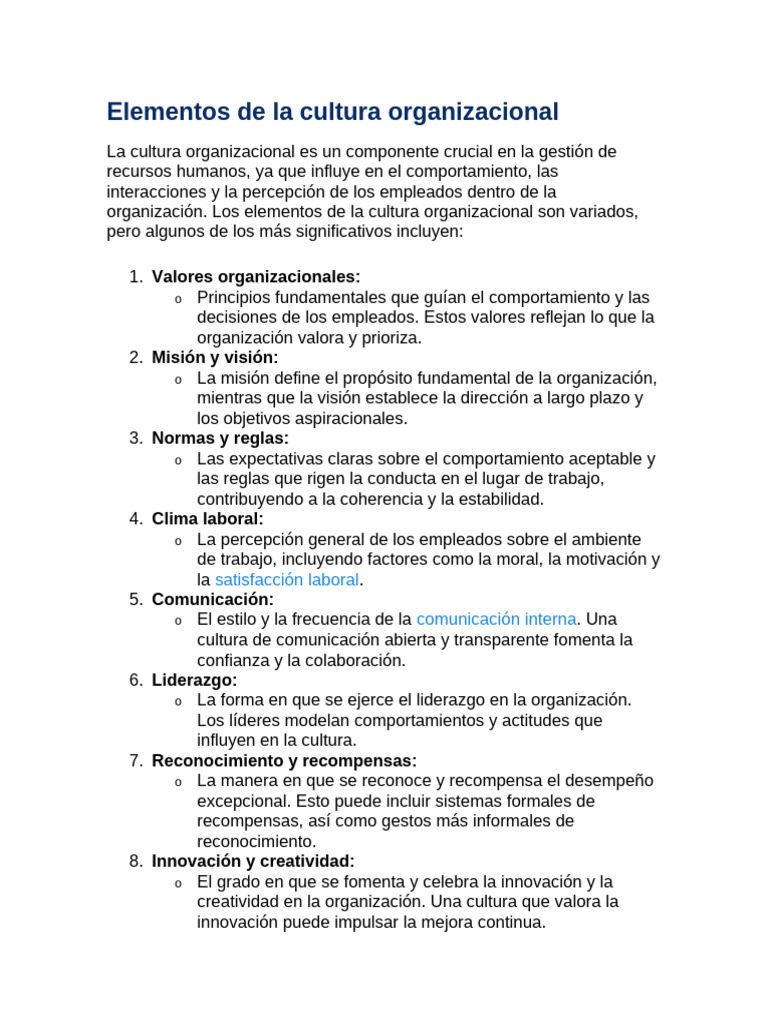 Elementos de La Cultura Organizacional | PDF