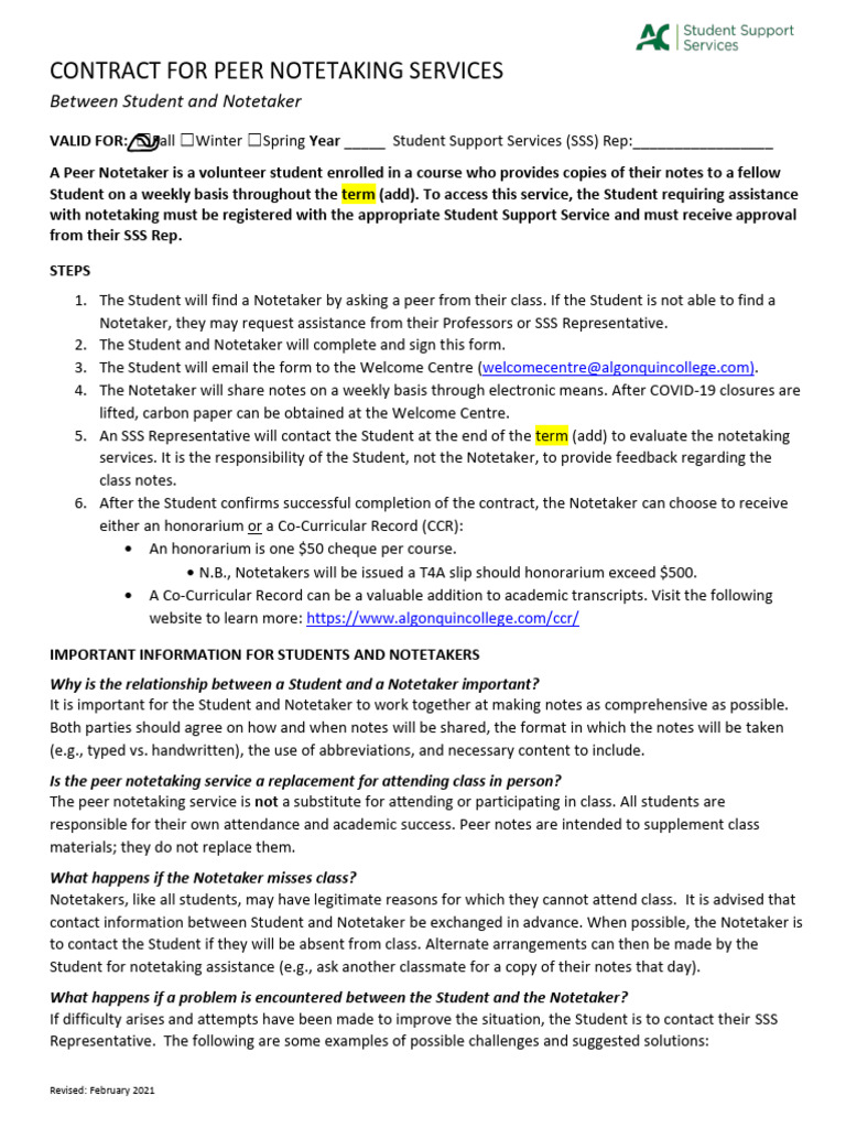 Peer Notetaker Contract F21-Changes | PDF