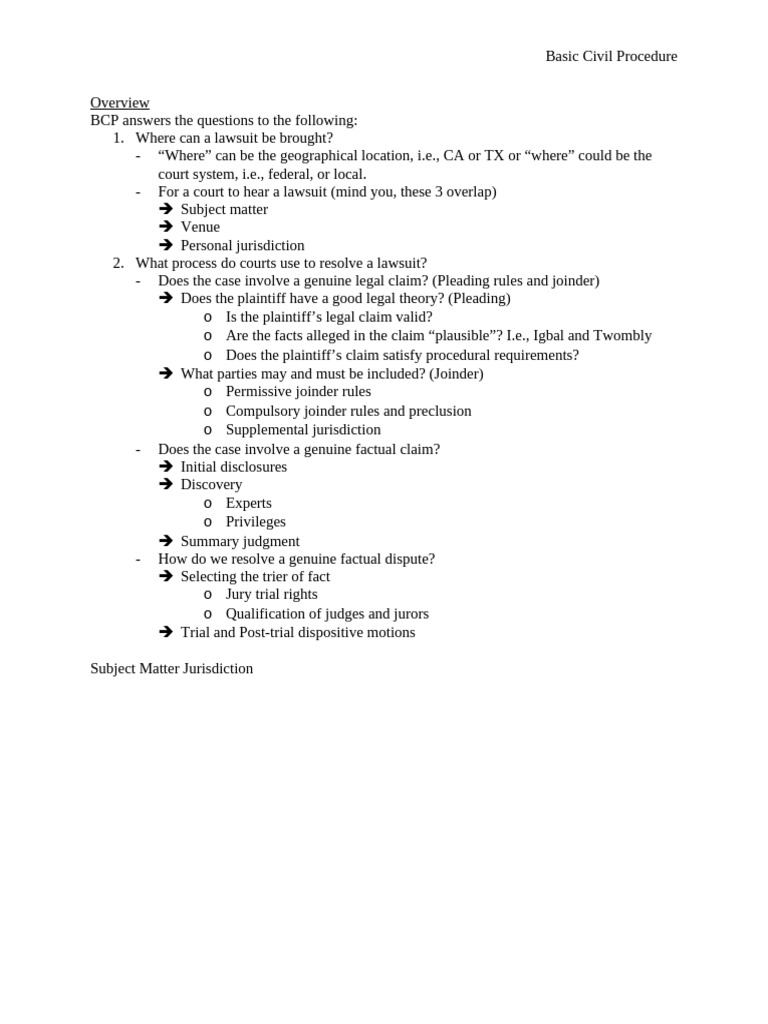 Basic Civil Procedure Outline | PDF