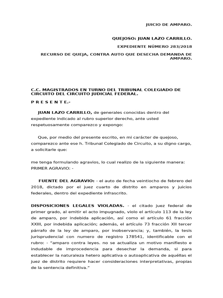 Queja por desechamiento de amparo | PDF | Caso de ley | Sentencia (ley)