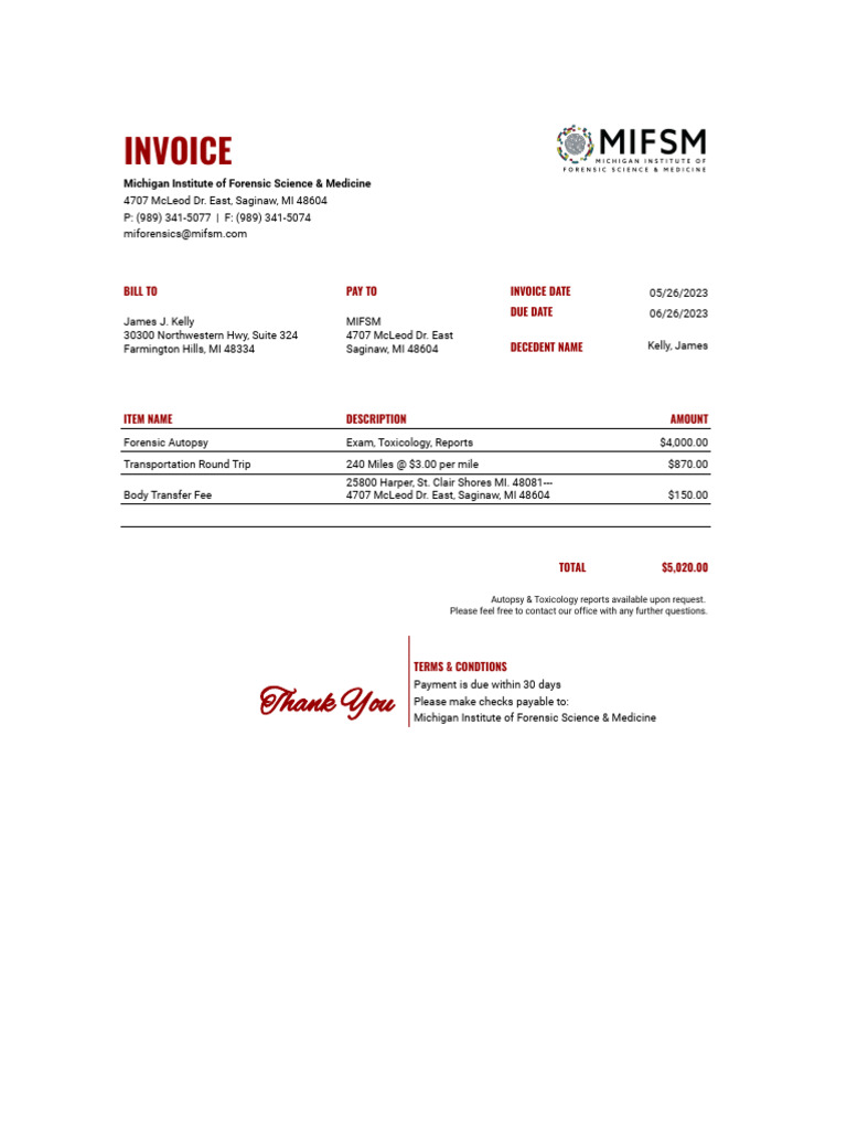 MIFSM Case Billing Invoice Template - Sheet1 | PDF