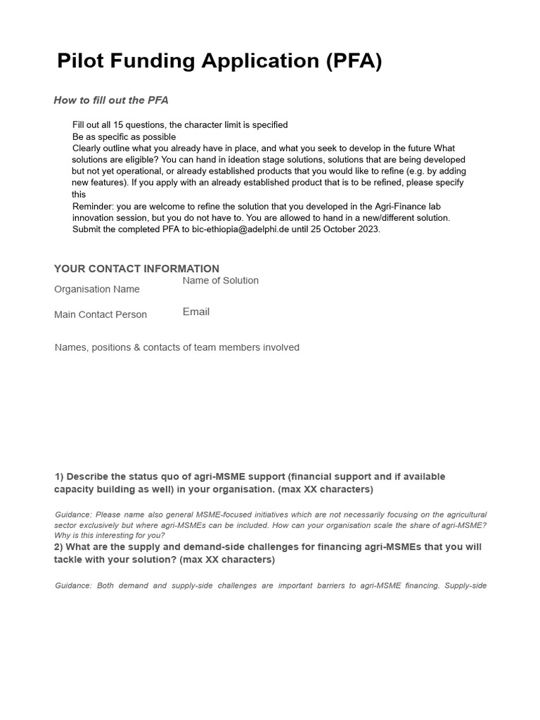 Pilot Funding Application (PFA) - Fillable Form | PDF