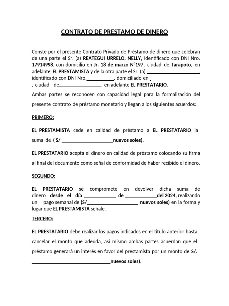 Modelo de Contrato de Prestamo de Dinero Word | PDF