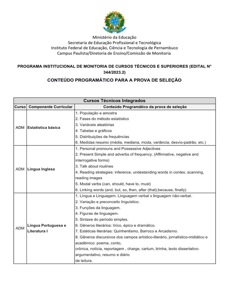 Conteudos Programaticos Das Provas de Monitoria Programa de Monitoria ...