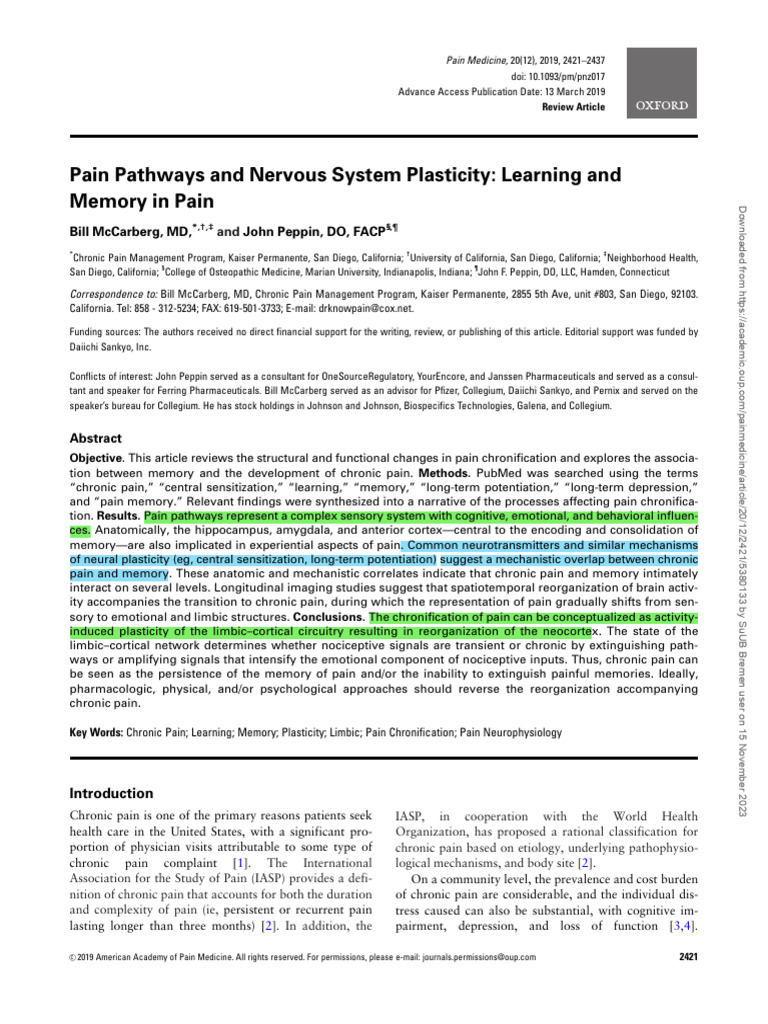 Pain Pathways and Nervous System Plasticity | PDF