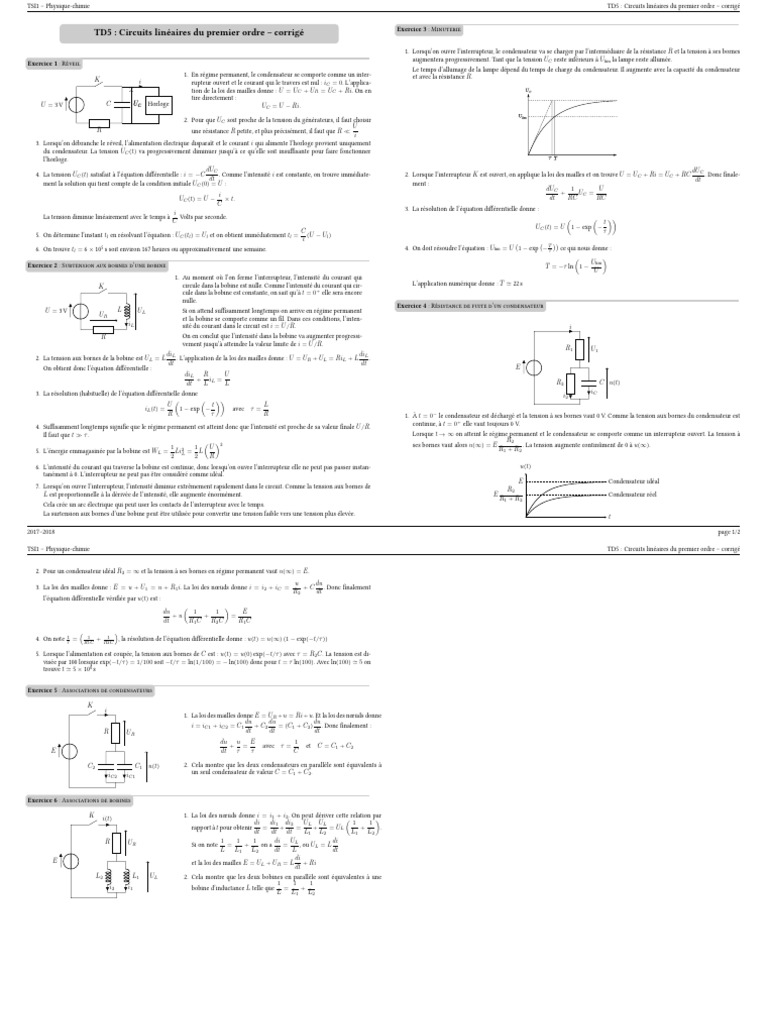 Circuits linéaires du premier ordre : TD5 corrigé | PDF | Tension ...