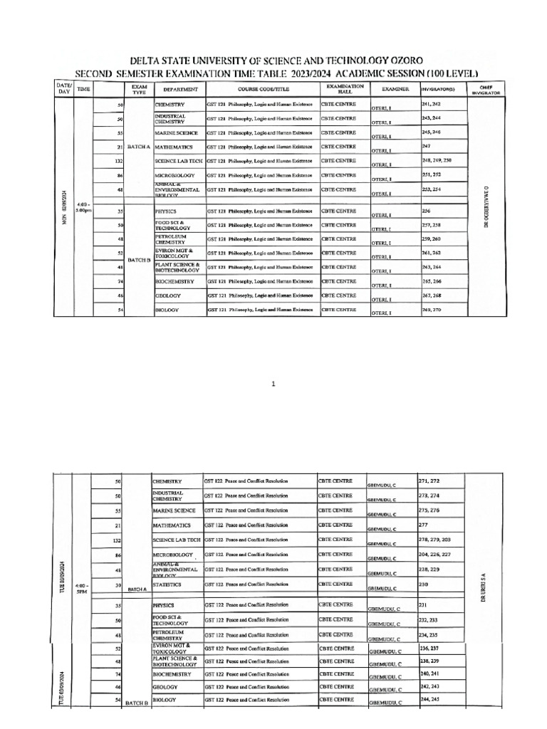 Updated FOS 100L 2nd Semester Exams Timetable, 2024 | PDF