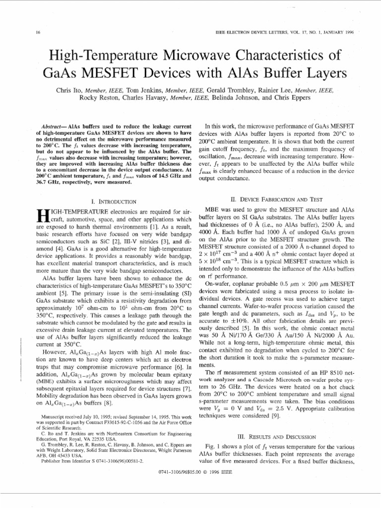 HighTemperature Microwave Characteristics of GaAs MESFET Devices With