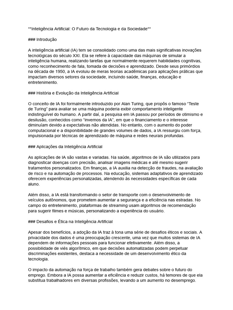 Inteligência Artificial - O Futuro Da Tecnologia e Da Sociedade | PDF